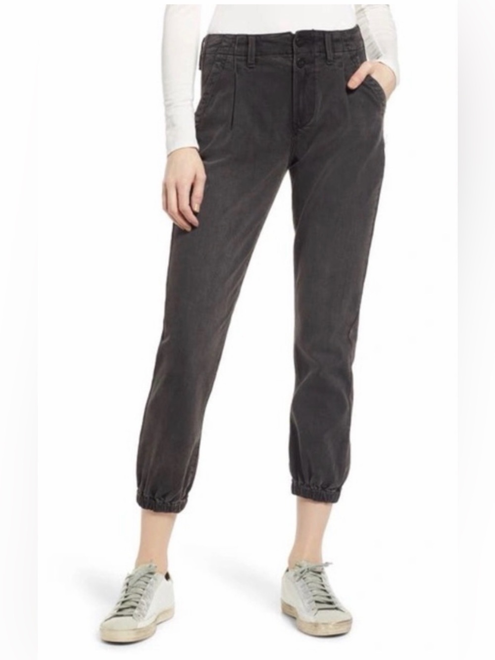 PAIGE Pleated Double Button Mayslie Jogger Pants Faded Mist Washed Black Denim